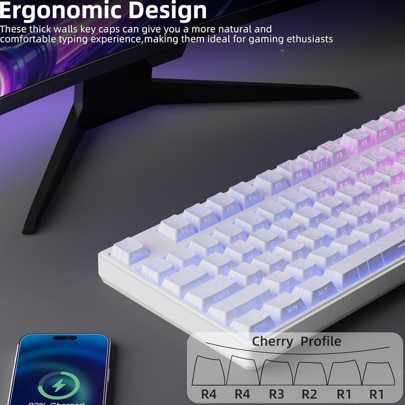 FunHub White Topographic PBT Keycaps,97 Key Caps Set Side Printed,No Tear & Fade Shine Through RGB Backlit Cherry Profile Keycaps (Ergonomic,Doubleshot) for 61/64/66/68/71/75/84/87 MX Mechanical Keyboards - Image 3